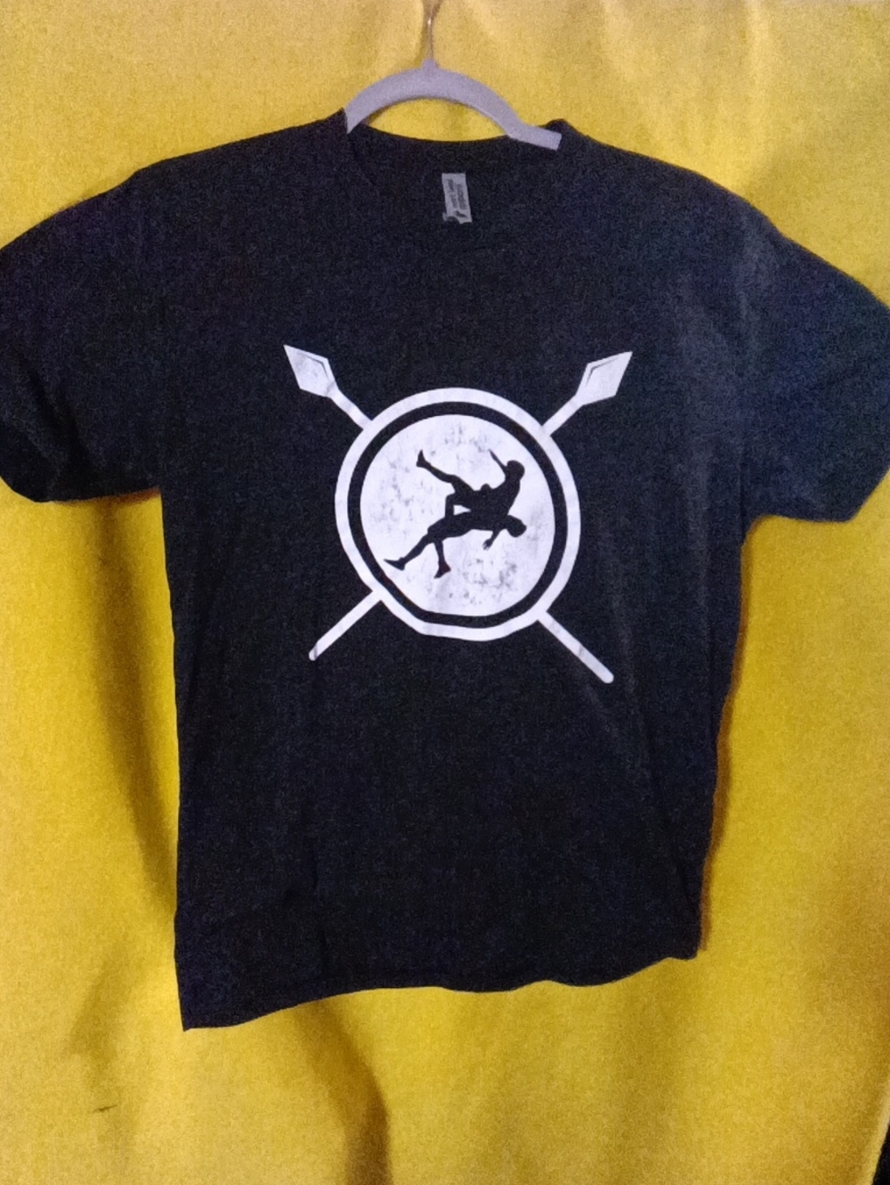 Black Graphic Crewneck T-Shirt with Silver Shield Print